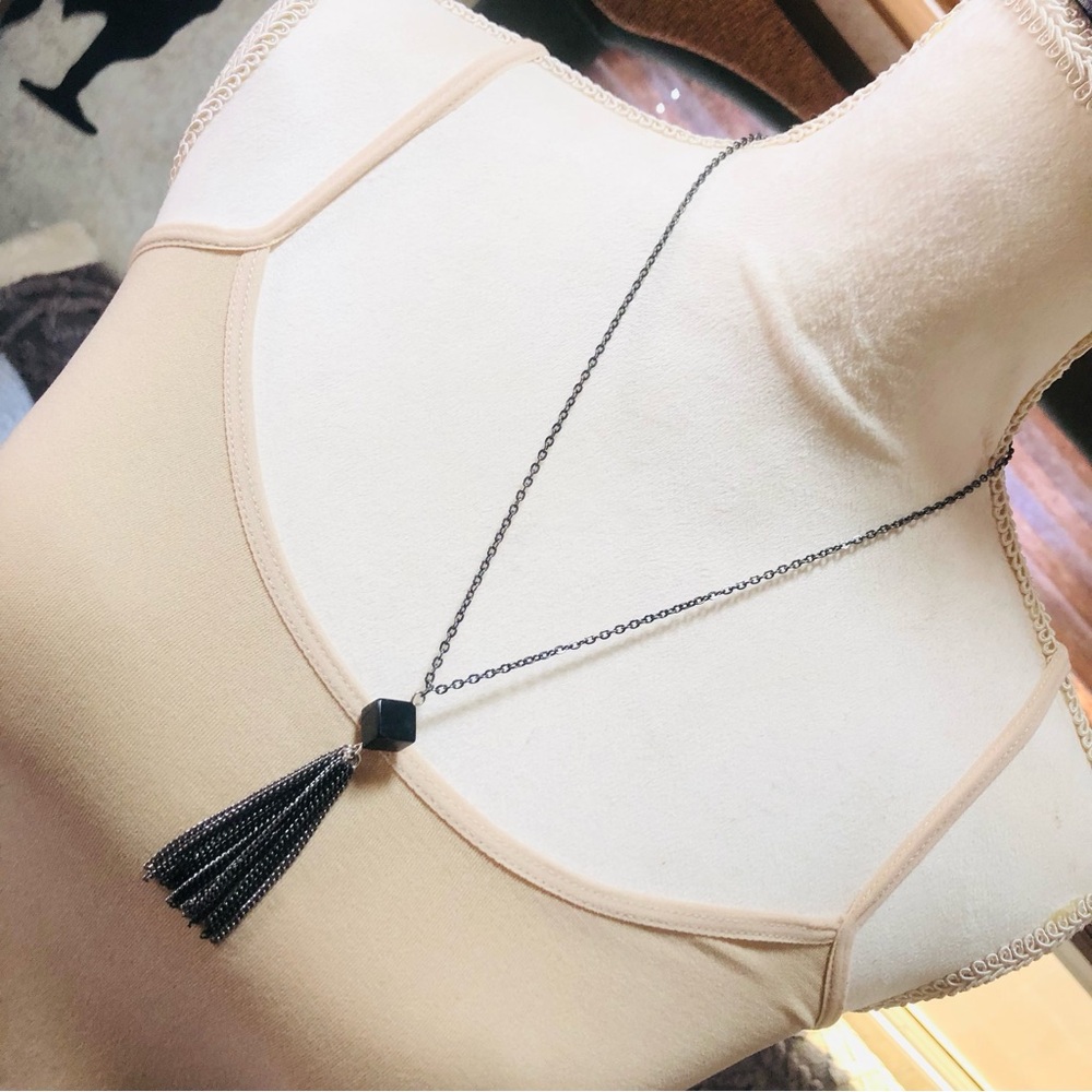 Hand crafted 3D glass box chain fringe pendant on chain necklace